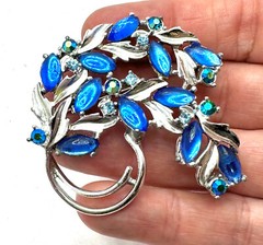 Lot Blue Sarah Coventry Marquise Cab Brooch AB Earrings & Silver Tone Bracelet