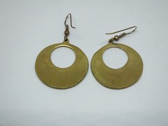 Beautiful French wire Pierced Earrings Gold Tone Abalone Inset 1 1/4″ NICE