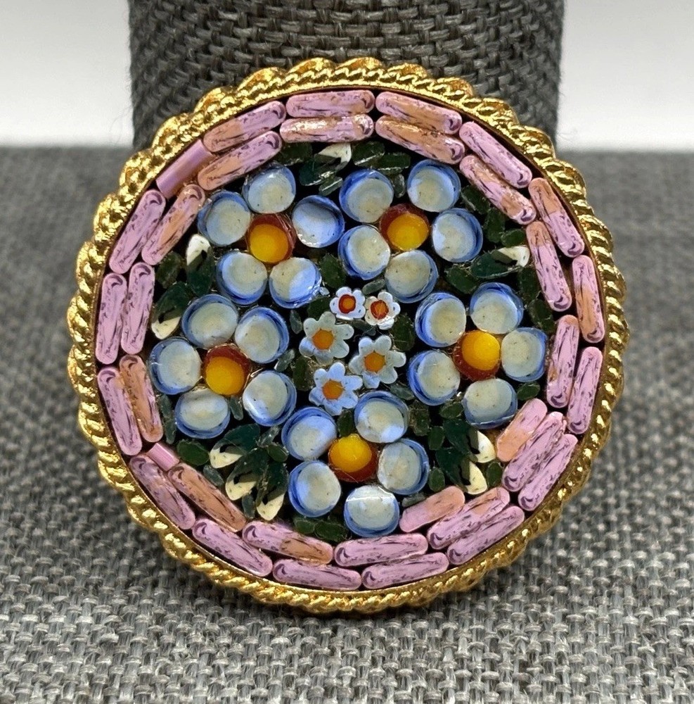 Vintage Italy Micro Mosaic Floral Daisy Brooch Pink Blue Gold Tone