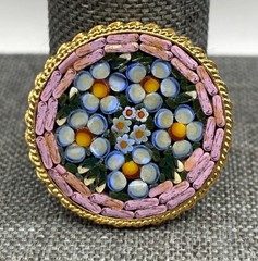 Vintage Italy Micro Mosaic Floral Daisy Brooch Pink Blue Gold Tone