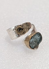Hammered Sterling Silver Brass Genuine Raw Aquamarine Split Shank Wrap Ring YS
