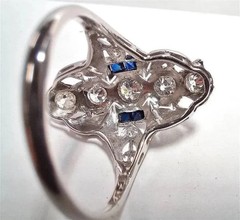 Belais 1.5cttw Diamond Blue Sapphire 18k Gold Shield Ring Antique Art Deco 1920s
