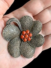 Theodor Fahrner Silver Brooch PIN 925 Markasite and Coral