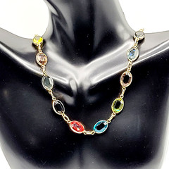 Choker Multicolor Crystal Station Gold Tone Patented Side Clasp Necklace 14.5 In
