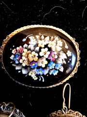 Vintage Russian Silver Enamel Floral Brooch & Earring Set Rostov Finift