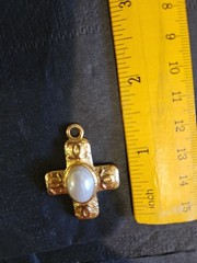 Stamped Faux Pearl Cross Charm Button Pendant