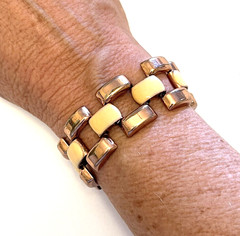 Vintage Peach Enamel & Rose Tone Rectangular Link Bracelet 7.25”