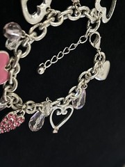 Vintage Silver Tone Heart Charm Bracelet Pink Rhinestone Dangle Lobster 8.5”Adj