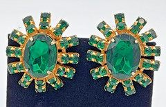 Vintage Green Oval Crystal Halo Clip On Earrings Mid Century Cocktail Cluster