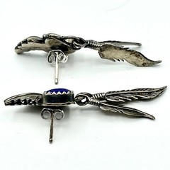 Vtg NAVAJO JERRY COWBOY Sterling Silver Lapis Lazuli Feather Dangle Earrings 4g