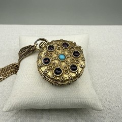 Vintage Goldette Trinket Locket Multi Strand Chain 30-42″ Blue Red Scrollwork