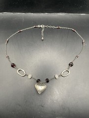 Vintage J&I Sterling Silver Puffy Heart W Amethyst And Milky Quartz Necklace