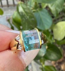 VINTAGE 14K YELLOW GOLD CHECKERBOARD PRISM CUT BLUE TOPAZ DIAMONDS RING DESIGNER