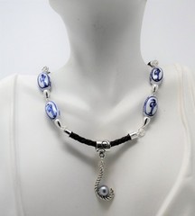 Vintage Japanese Sandpiper Porcelain Handcrafted Blue Akoya Pearl Necklace OOAK
