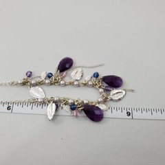 Avon Necklace Silver Tone Purple Chain Charm Beaded Leaf Tear Drop Blue Pearl