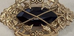 Reminiscence Brooch France, 3 1/8” Long x 2” Tall ~ Gold Tone ~ Black Onyx Stone