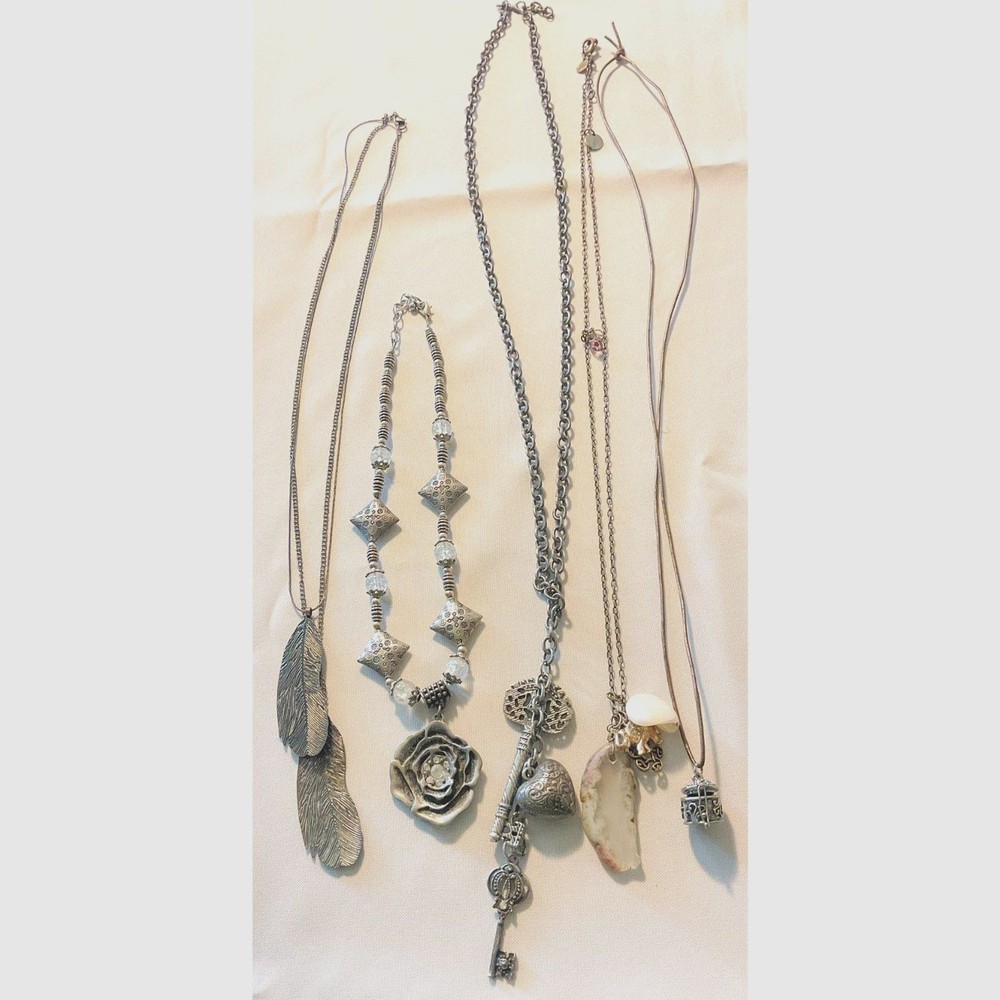 Vintage Costume Jewelry Necklace Lot Boho Silver Tone Pendants 5 Pc