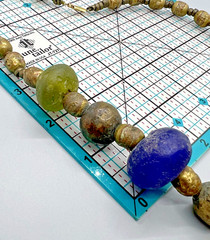 Vintage Blue Green Tumbled Glass Brass Beaded Necklace 24”