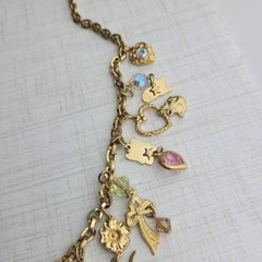 Vintage Kirks Folly Cat Charm Dangle Necklace Birds Crystals Bows Cats Heart 26″