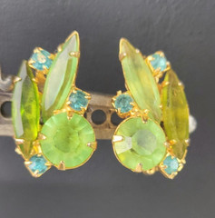 Vintage Juliana Green Blue Navette Round Rhinestone Clip On Earrings NO GLOW
