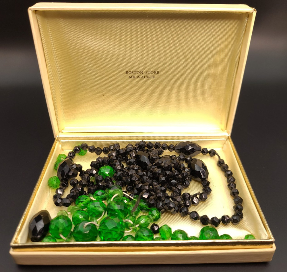 Antique Czech Glass Beads Lot Green Black Hand Cut Faceted w/ Box
