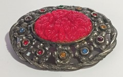Vintage Dark Silver-tone Open Oval Brooch w/ Carved Glass? Floral Centerpiece