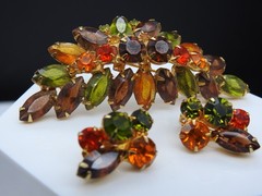 Juliana Rhinestone Brooch Clip Earrings Set Fall Colors Demi Parure Vintage