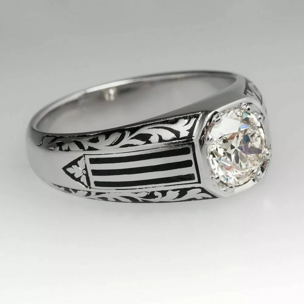 White Diamond 2.30 Ct Art Deco Antique Vintage Men’s Engagement Ring 925 Silver