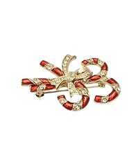 Monet Red Enamel Clear Rhinestone Candy Canes Bow Brooch Pin Signed, L836
