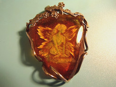 HAND CARVED REVERSE INTAGLIO BALTIC AMBER PENDANT FAIRY NYMPH LADY IN 925 SILVER