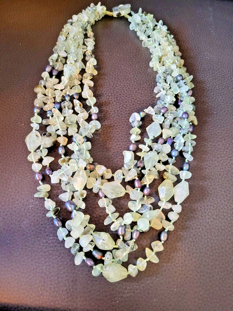 Vintage Prehnite Pearl 6 strand Necklace.