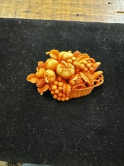 Vintage Celluloid Fruit Basket Pin Brooch 3D Cream Orange Accents Holiday