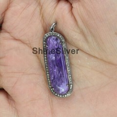 Natural Charoite Pave Diamond Vintage 925 Sterling Silver Charm Women Pendant