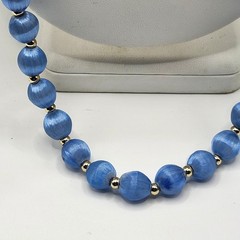 Vintage Blue Satin Silk Thread Wrapped Bead Necklace Gold Tone Spacers Korea NOS