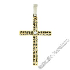 Vintage Unisex Silver & 18k Gold 0.66ctw Old Cut Pave Set Diamond Cross Pendant