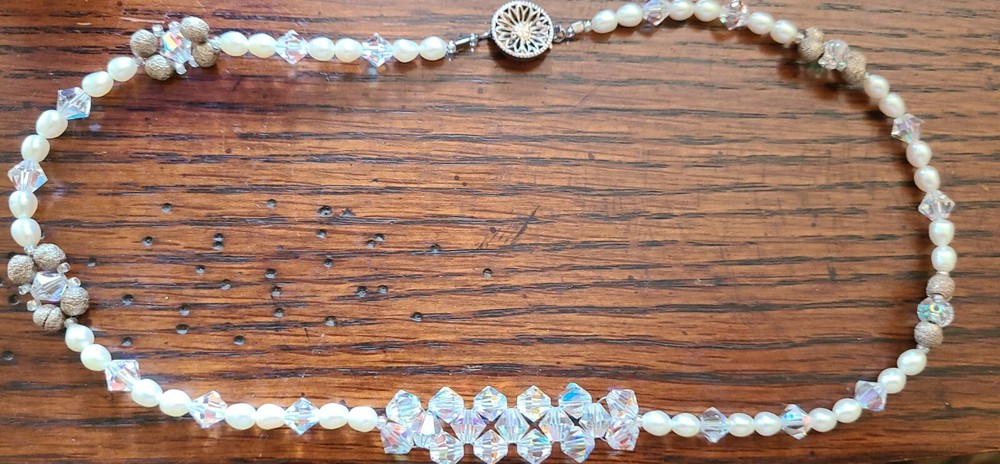 Vtg Faceted Aurora Borealis Crystal Bead Faux Pearl Sterling Clasp 17″ Necklace