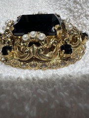 Vintage West Germany Filigree Gold Tone Pearl & Black Rhinestone Brooch Pin
