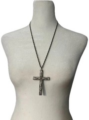 Brutalist Cross Necklace Large Rustic Pendant Wood Look Silver Tone Christian