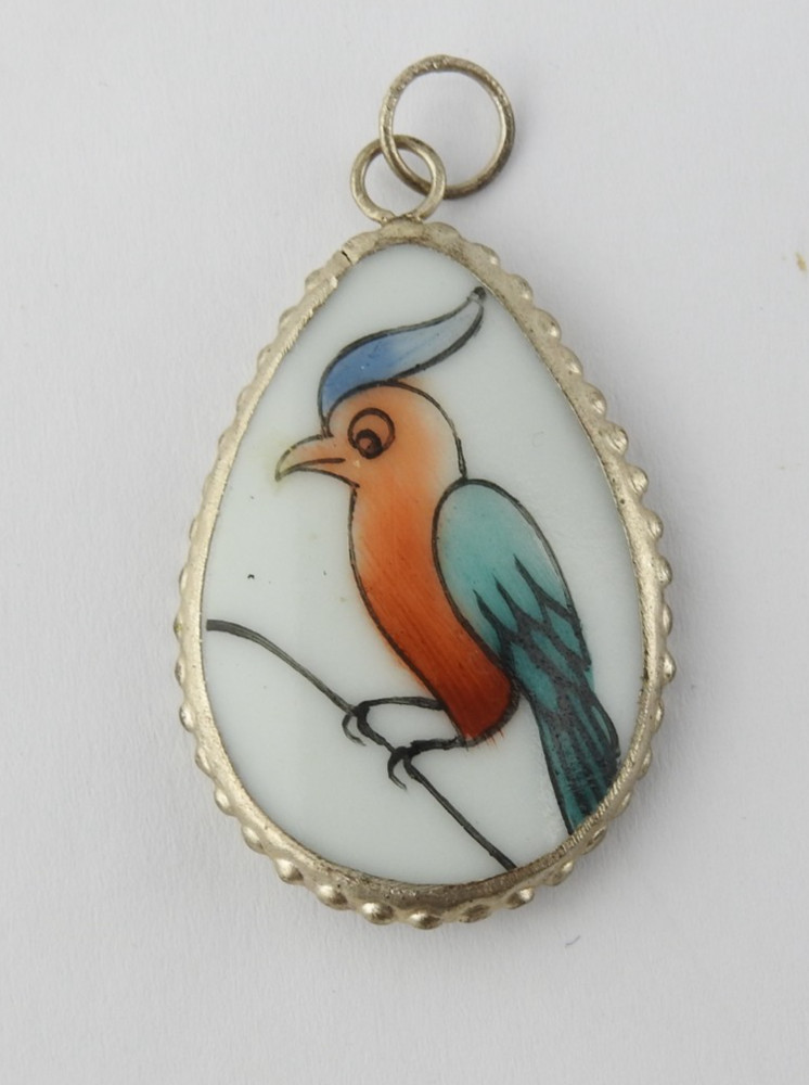 Vintage Hand Painted Porcelain Bird Pendant Teardrop Silver Tone Frame Art Deco