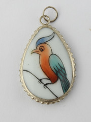 Vintage Hand Painted Porcelain Bird Pendant Teardrop Silver Tone Frame Art Deco