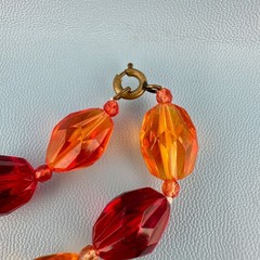 Vintage Lucite Bead Gypsy Necklace Faceted Red Orange Gold Tone Floral 46″ Boho