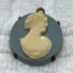 Round Cameo Woman Profile Pendant Charm, Gold Tone on Gray Base, No Stone