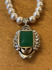 Vintage Designer Lanvin Emerald Rhinestone? Pendant 14k Gold Pearl Necklace