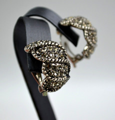 Vintage Silver Tone Clip On Half Moon Earrings with Small Rhinestones 1″