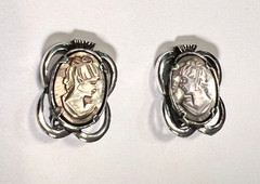 1950-1970s Mother of Pearl Cameo Clip-On Earrings Silver Color 1 In x .75 In