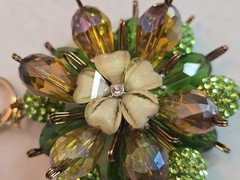 Green Crystal Floral Pendant Double Sided Statement Rhinestone Cluster Gold Tone