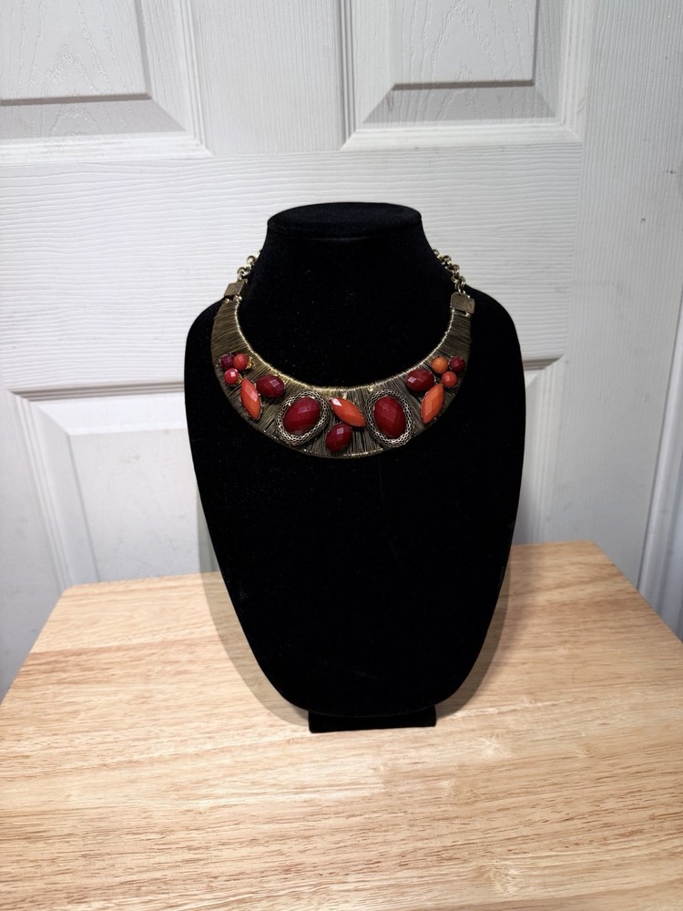 Vintage Red & Orange Statement Necklace Gold Tone Bib Collar