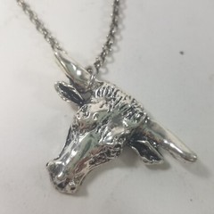 Vintage 90s Silver Tone Bull Head Horns Longhorn Repurposed Pendant Necklace