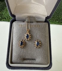 Vtg.10K Solid Yellow Gold Blue Sapphire Diamond Hallo Earrings Pendant Necklace