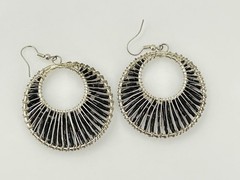 Vintage Wire Wrap Hoop Earrings Silver Tone Black Tube Beads Dangle